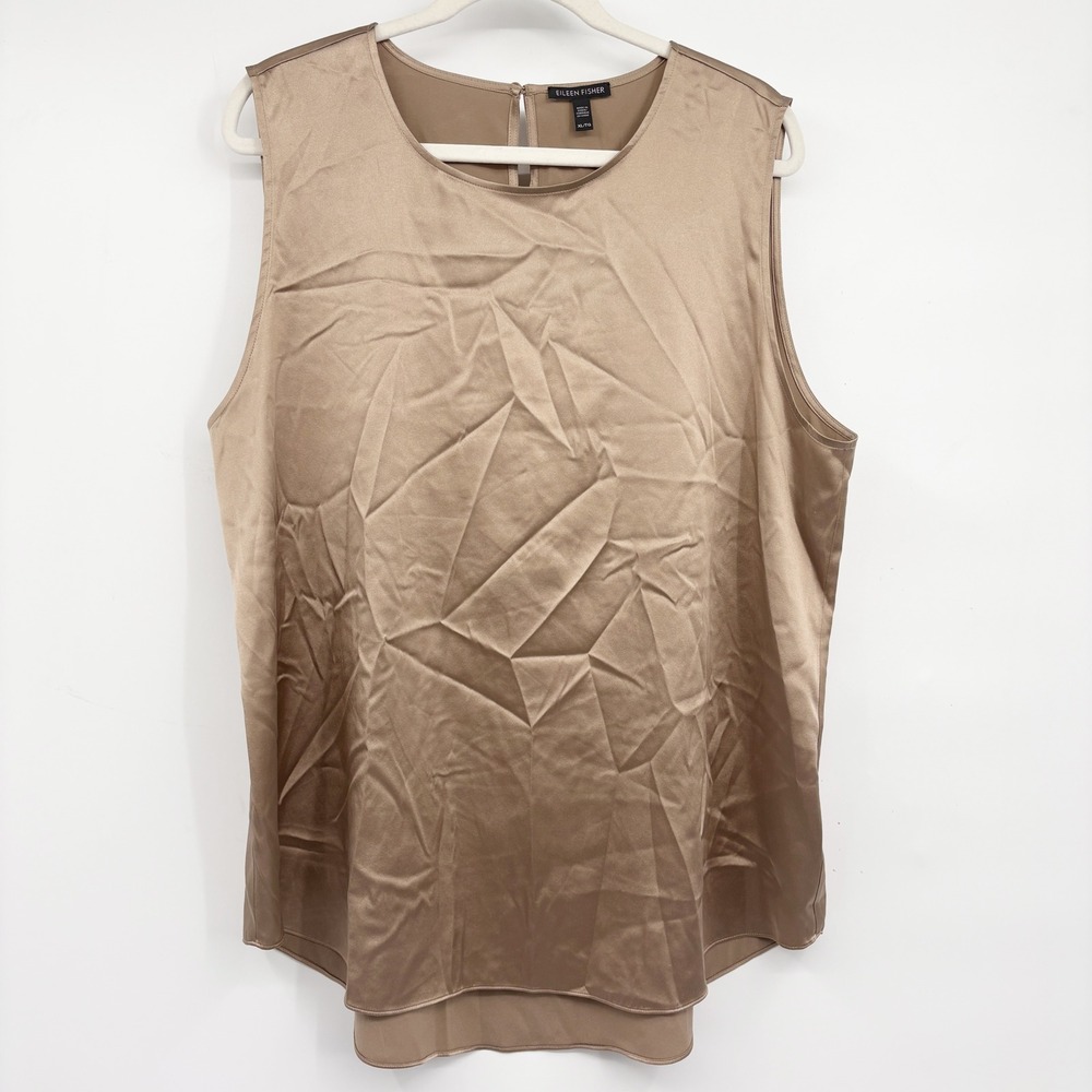 Eileen Fisher Womens Silk Blend Taupe Stretch Satin Minimalist Top Size XL
